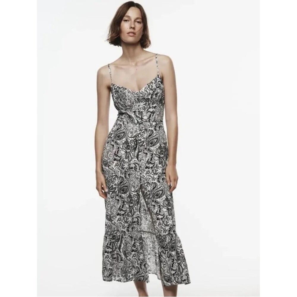 Zara Paisley Print Midi slip Dress Black White Cami Boho Cottagecore Size Medium